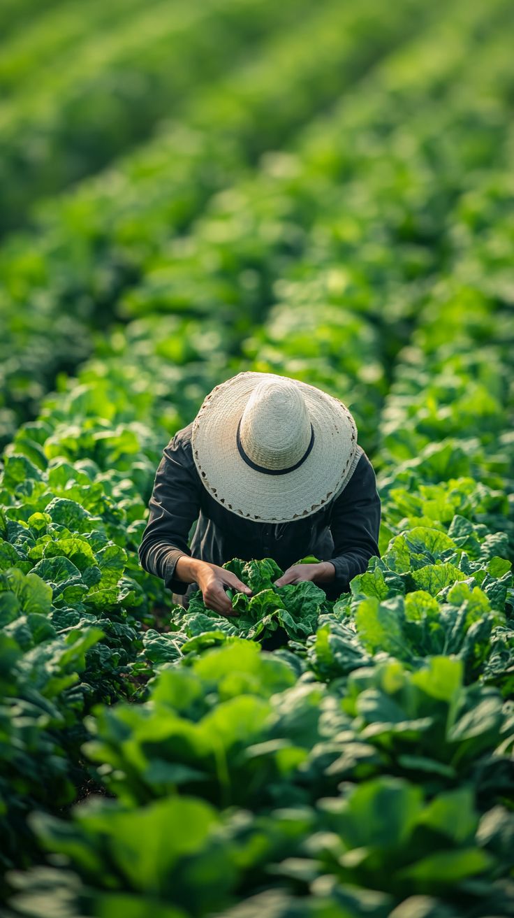 A farmer tending a lush green field by hand