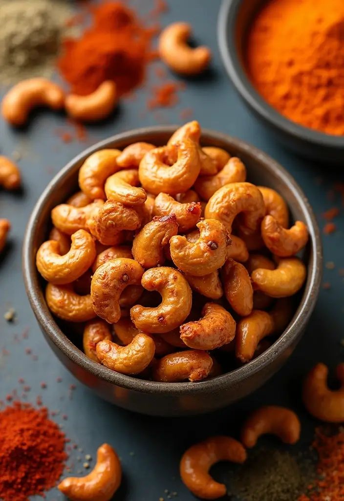 A bowl of spiced snacks surrounded by vibrant spice powders