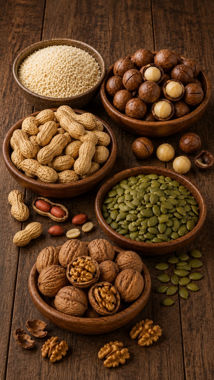 Bowls of natural seeds and spices